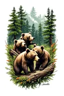 3 bear cubs playing in the forest landscape tattoo design idea