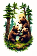 3 bear cubs playing in the forest landscape tattoo design idea