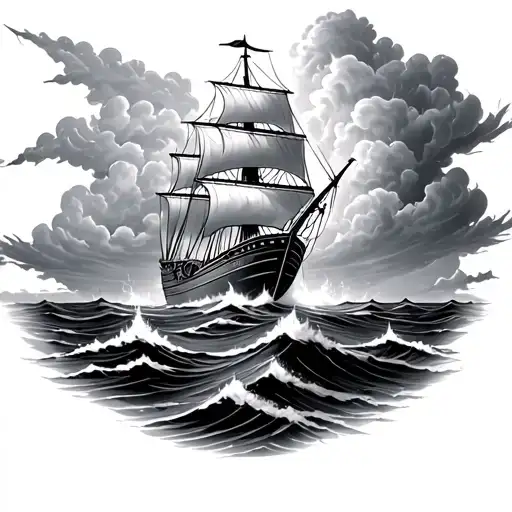 ship in stormy sea with posiedon coming out of the clouds in the sky tattoo design idea