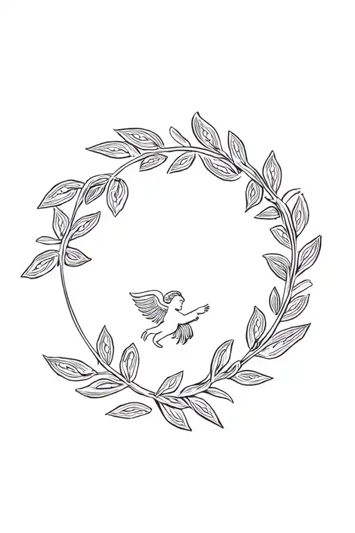 “fine line tattoo sleeve of greek laurel wreath, greek columns, small renaissance angel, minimal shading, clean lines, f tattoo design idea
