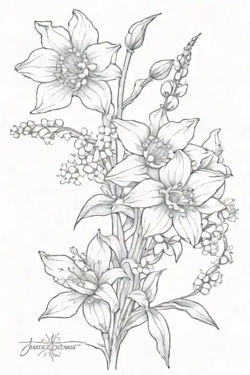 fine line spine tattoo of daffodils, lily of the valley, and chrysanthemum  tattoo design idea