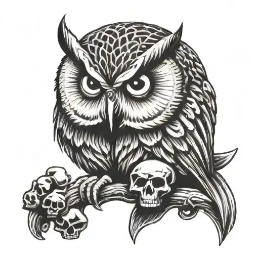 Angry owl perched on skull tattoo design idea