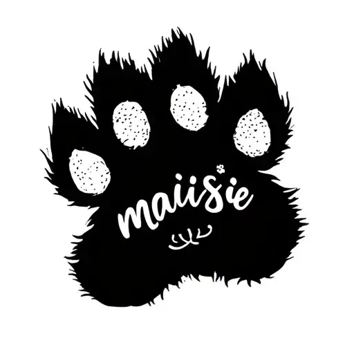 Thin black outline cat pawprint whimsical lines, messy yet neat look with name maisie tattoo design idea