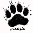 Thin black outline cat pawprint whimsical lines, messy yet neat look with name maisie tattoo design idea