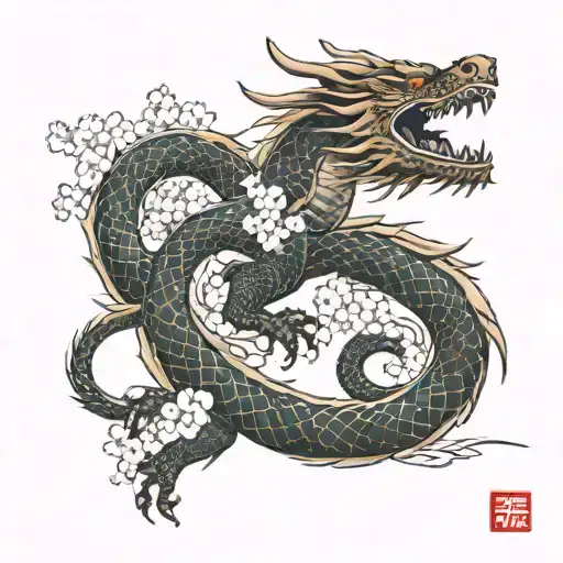 Japanese full back dragon, cherry blossom, wave, maple leaf tattoo design idea