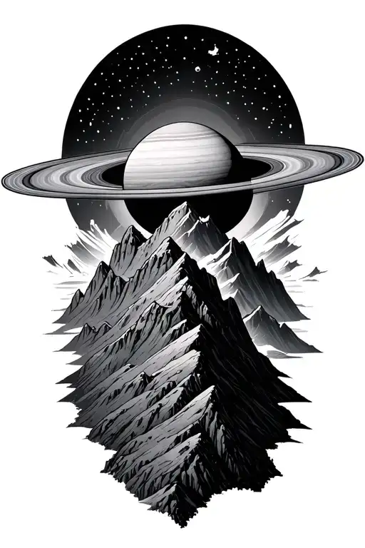 forming saturn on top of a mountain peak surrounded with patterns tattoo design idea