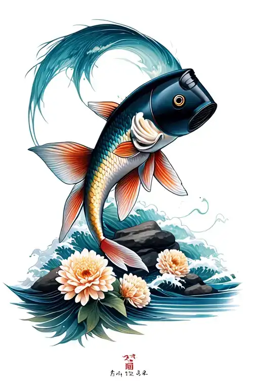 traditional Japanese carp with chrysanthemum, on hairdryer waves and rocks in Japanese style tattoo design idea
