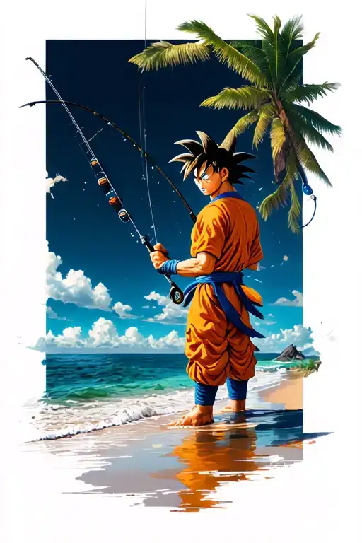 Goku fishing on the beach tattoo design idea