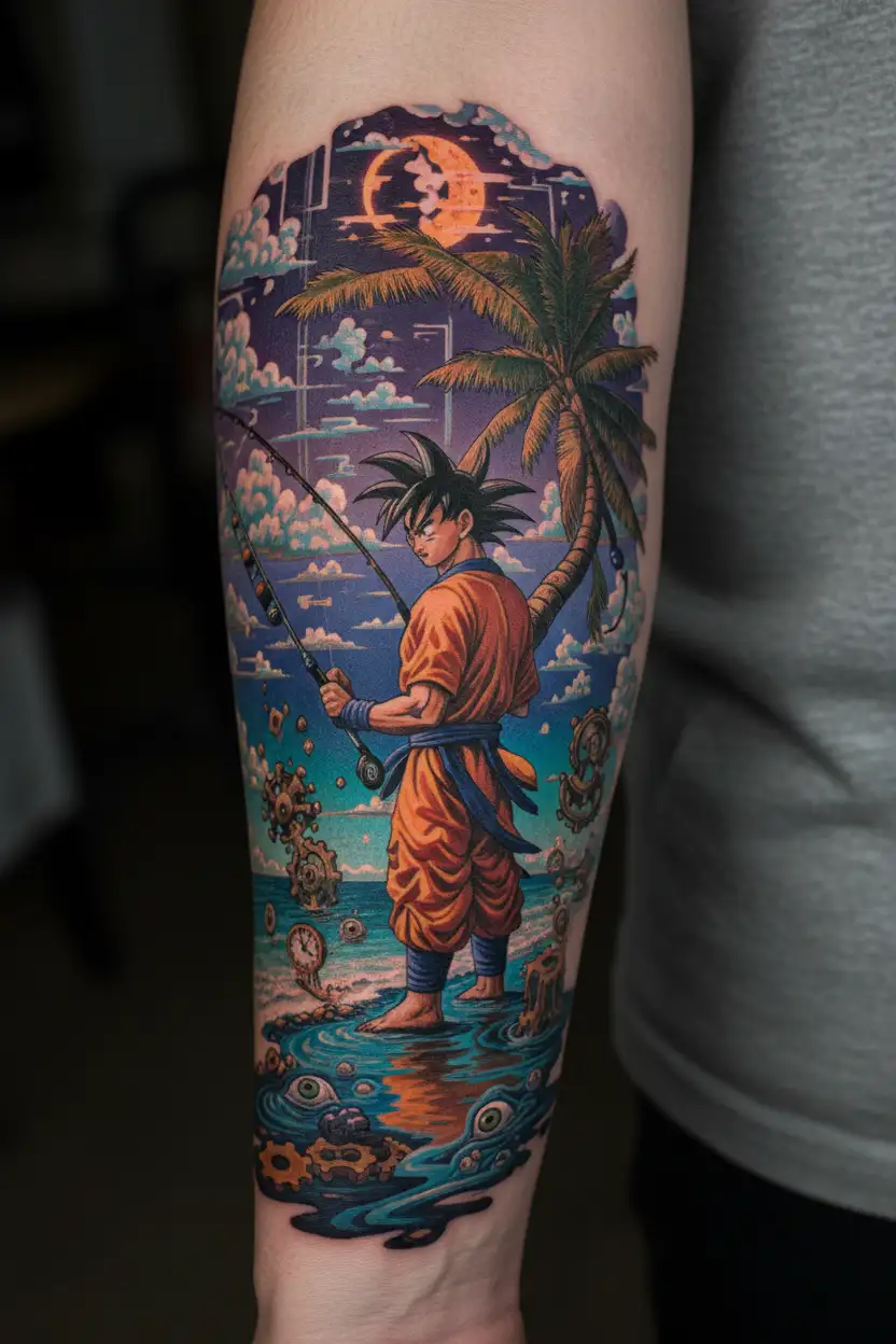 Goku fishing on the beach tattoo design idea