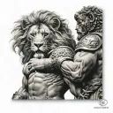 Create a tattoo sleeve that has Samson wrestling a lion on a persons chest tattoo design idea