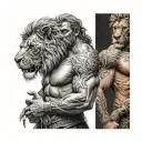 Create a tattoo sleeve that has Samson wrestling a lion on a persons chest tattoo design idea