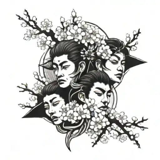 three Japanese faces one on top of the other with sakura tree tattoo design idea