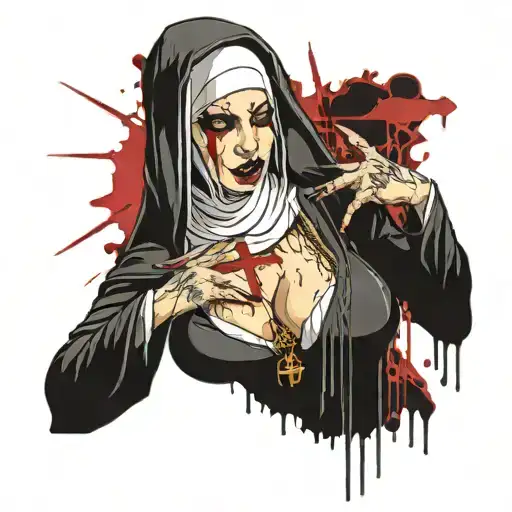 Sexy Nun, huge boobs,, revealing attire, seductive facial expressions, gold cross dripping blood, Lingerie, sexual tattoo design idea