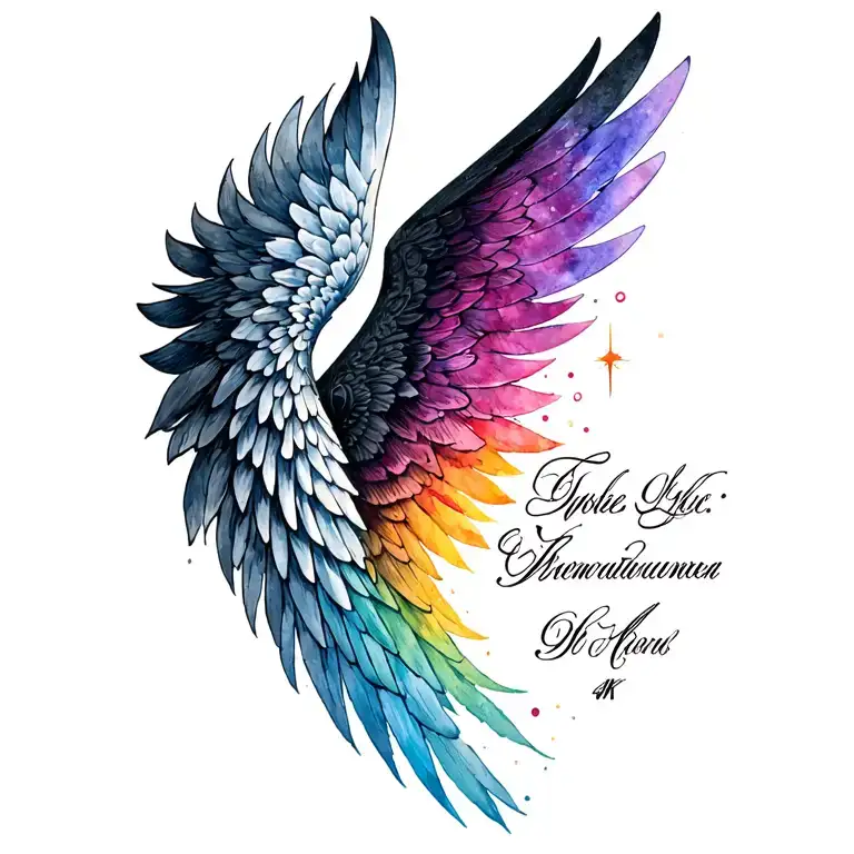 memorial tattoo one wing watercolour music symbol other wing is black angel wing and spine has handwritten name tattoo design idea