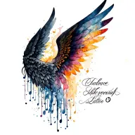 memorial tattoo one wing watercolour music symbol other wing is black angel wing and spine has handwritten name tattoo design idea