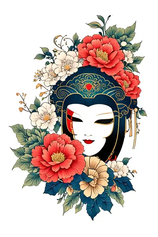 Japanese leg sleeve ankle to knee dark on calf for a coverup very detailed henya mask and flowers and detailed artwork tattoo design idea