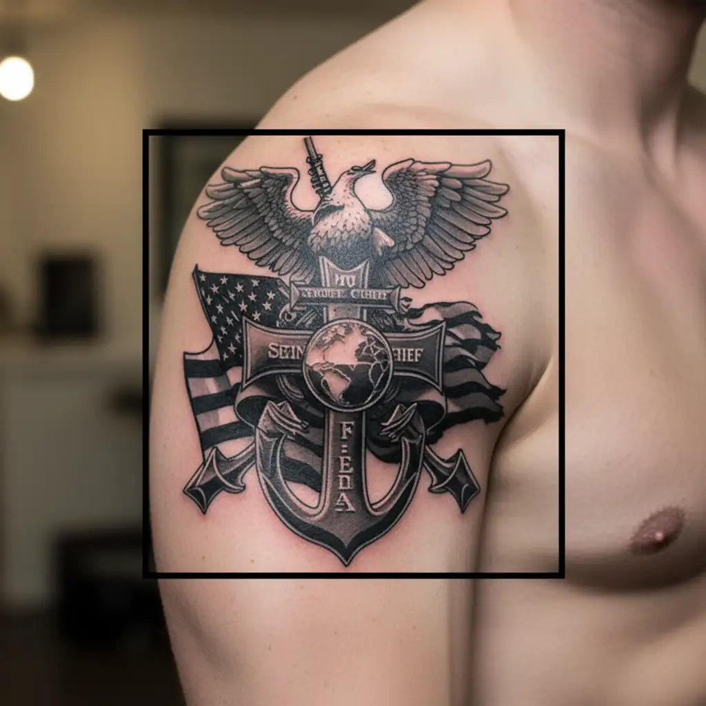 Semper fidelis tattoo for an arm, add in the Templar cross, destroying angel, American flag and eagle globe and anchor tattoo design idea