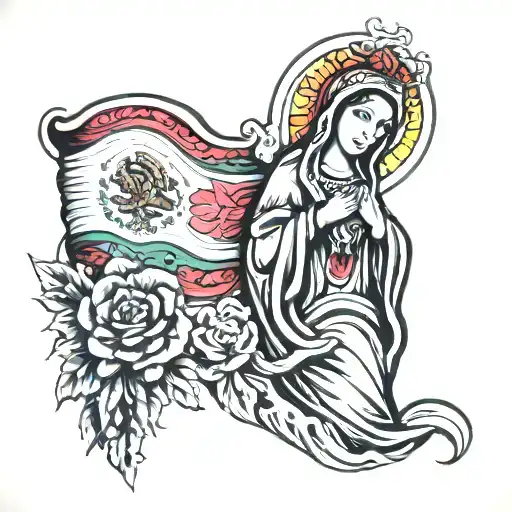 virgen Mary with Mexico flag  tattoo design idea