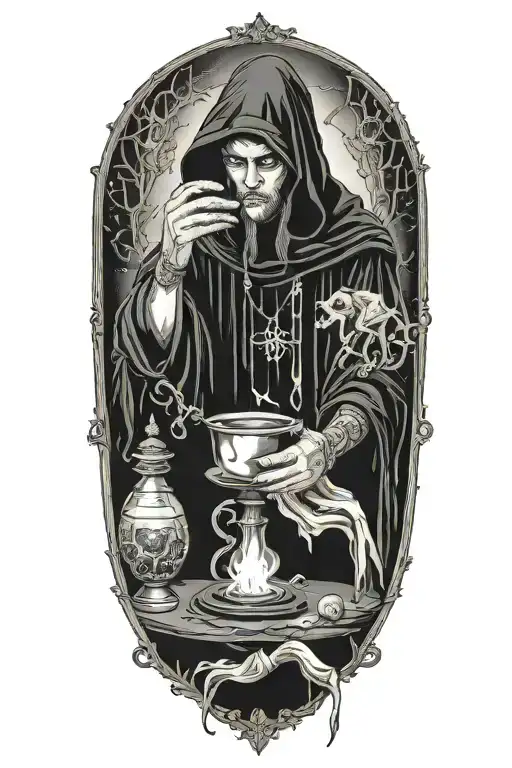 Hodded alchemist performing ritual, tarot cards, candles tattoo design idea