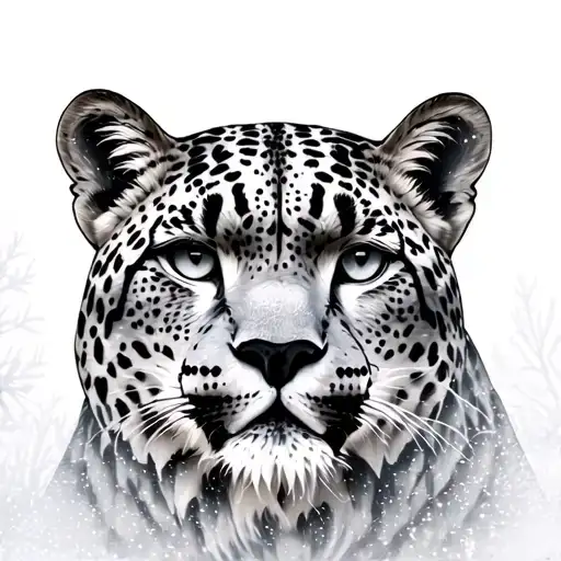 Winter landscape behind snow leopard face tattoo tattoo design idea