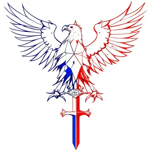 Create a geometric tattoo in the colors of France, representing an eagle holding a sword tattoo design idea
