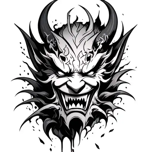 oni mask broken into 3 pieces falling tattoo design idea