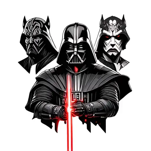 star wars themed sith tattoo, including Darth revan, Darth Vader, Darth maul, Dart tattoo design idea