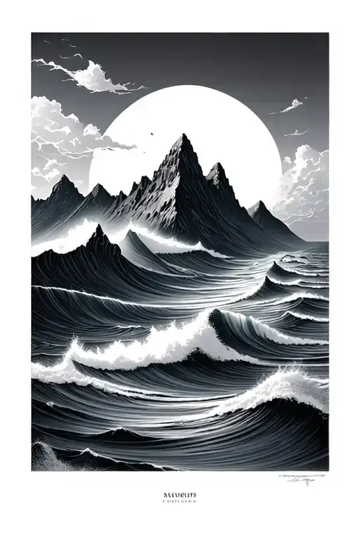 ocean mountains tattoo design idea