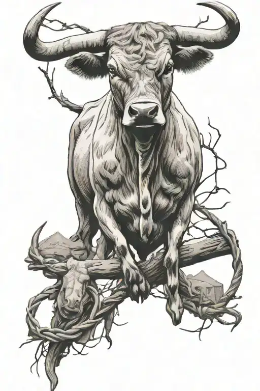 longhorn bull, barbed wire fence, landscaped background  tattoo design idea