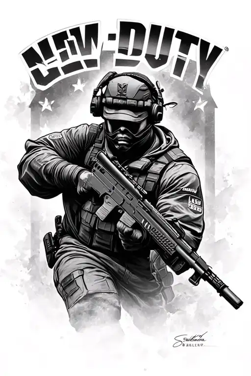 Create a portrait of a professional Call of Duty player in action, with the New York Subliners logo in the background tattoo design idea