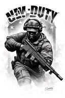 Create a portrait of a professional Call of Duty player in action, with the New York Subliners logo in the background tattoo design idea