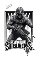 Create a portrait of a professional Call of Duty player in action, with the New York Subliners logo in the background tattoo design idea