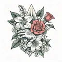 praying hands, daisy, lily of valley, rose, gladiolus  tattoo design idea