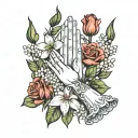 praying hands, daisy, lily of valley, rose, gladiolus  tattoo design idea