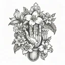 praying hands, daisy, lily of valley, rose, gladiolus  tattoo design idea