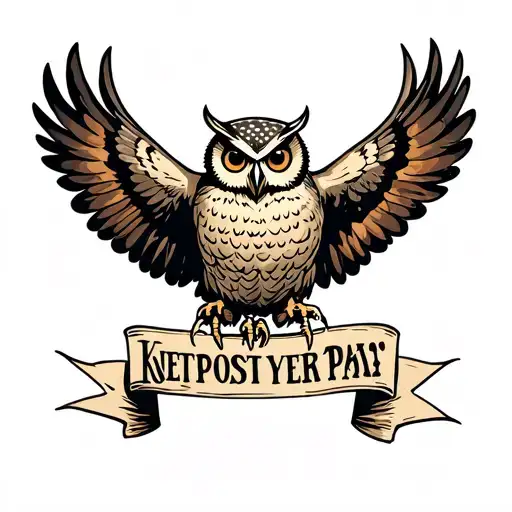 owl flying with a banner in claws tattoo design idea