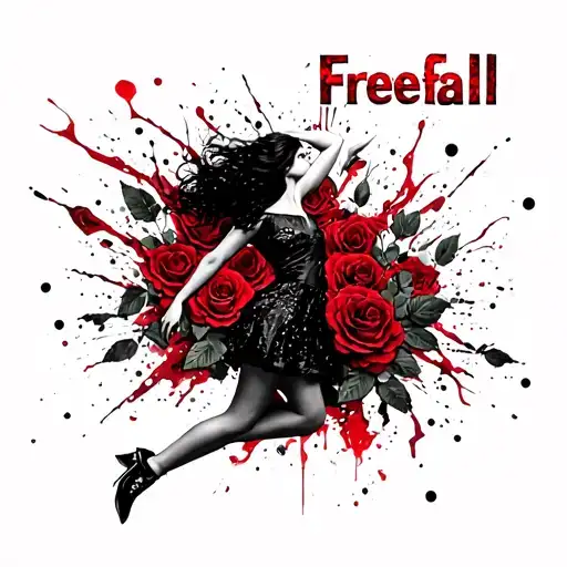 girl falling, roses, and the text "Freefall" tattoo design idea