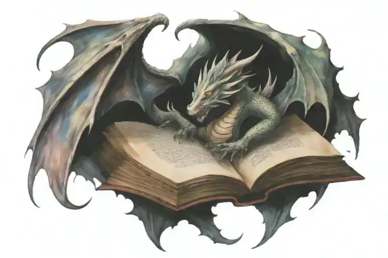 Giant open book, dragon coming out of book pages, neck and wings of dragon, whisps around dragon and book tattoo design idea