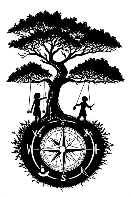 Nordic tree of life with a little girl and boy swinging from it. The vegvisir compass below it with nordic symbols tattoo design idea