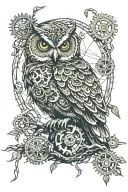 An owl perched on a willow tree branch, with gears and mechanical elements incorporated to represent engineering tattoo design idea