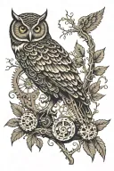 An owl perched on a willow tree branch, with gears and mechanical elements incorporated to represent engineering tattoo design idea