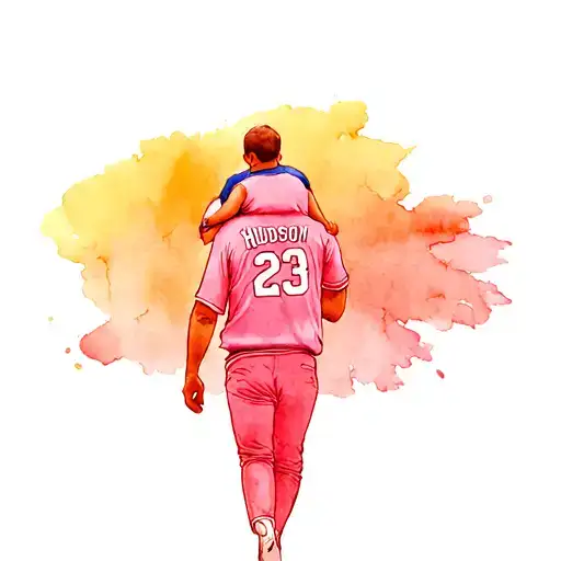 dad with infant on shoulders. walking into the distance. Jersey on infant saying Hudson #23 tattoo design idea