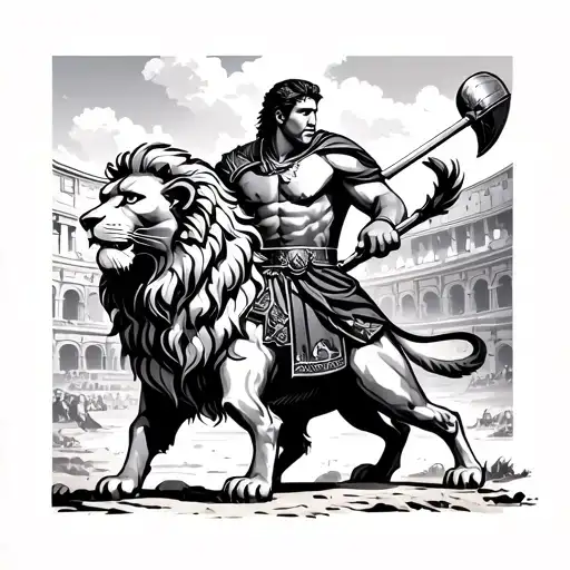 roman gladiator fighting lion, with the colosseum included tattoo design idea