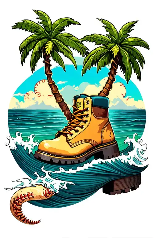 Baseball stiching forming into a palm tree with a work boot and waves tattoo design idea