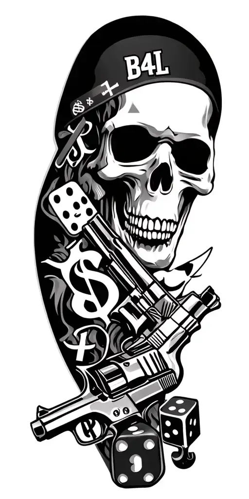 Make full arm sleeve gangster tatto with pistols, dices, dollar sign, spray, cross and put text "B4L" tattoo design idea