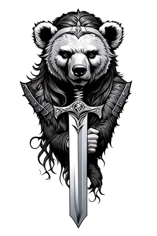 Norse mythology of shield maiden's face wearing bear head holding a sword tattoo design idea
