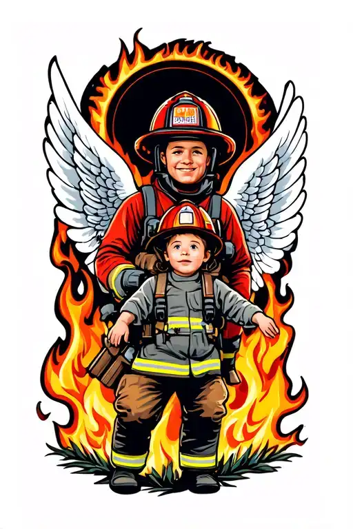Firefighter with wings escorting child through wall of flames from behind tattoo design idea
