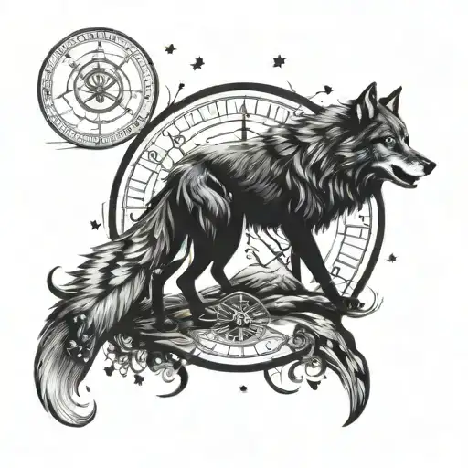 mystical, epic wolf tattoo with moon, forest, stars, compass, shadow, fish zodiac sign, water, tattoo design idea