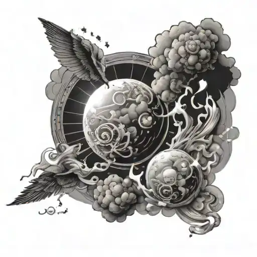 half sleeve. start with space with stars and planets. the with the sun and moon with clouds and lightning, Greek mytholo tattoo design idea