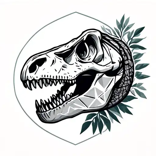 Tyrannosaurus rex dinosaur skull in fine line style with geometric details and natural elements. tattoo design idea